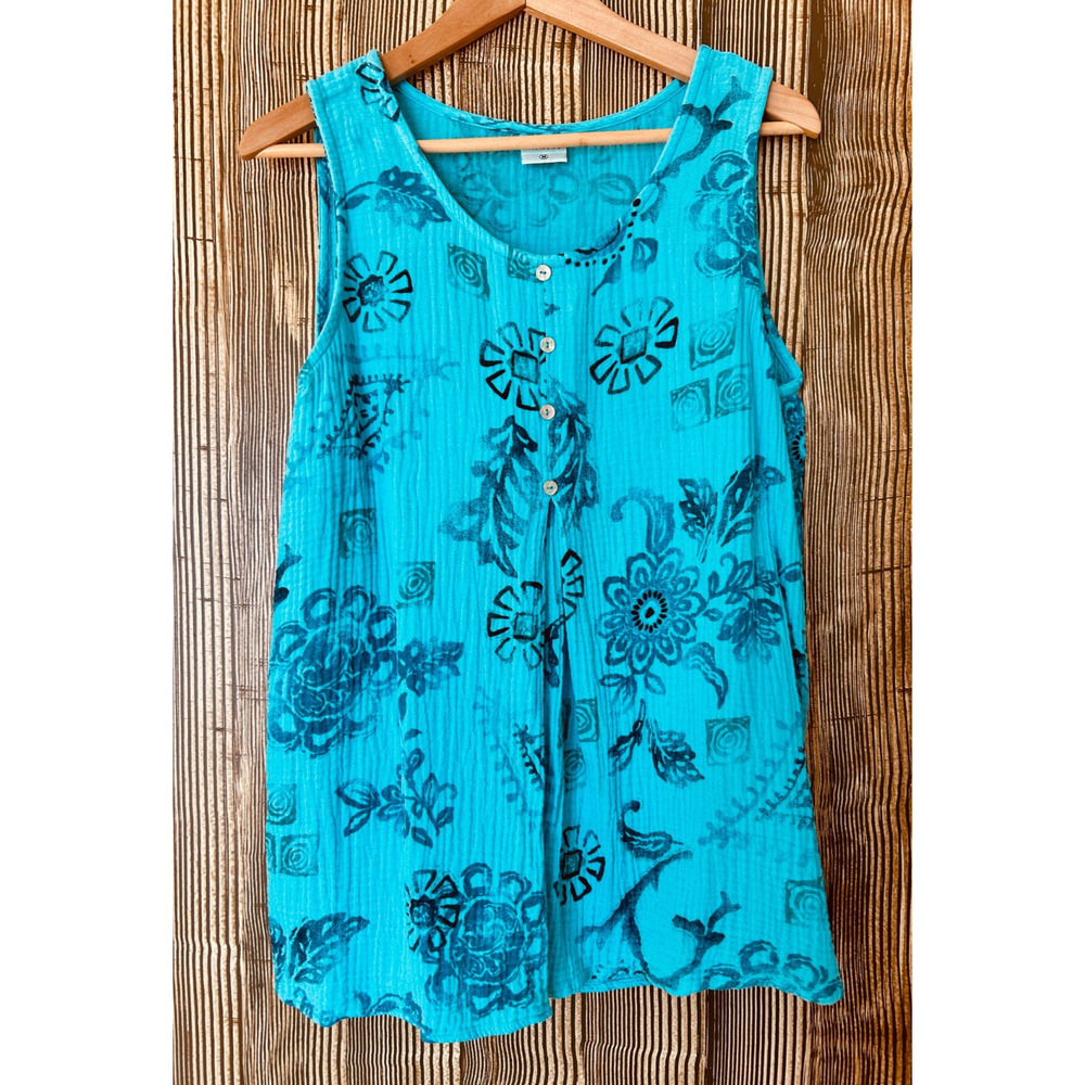 CMC Color Me Cotton Gauze Tunic Tank Top‎ Teal Blue Floral US Made M Boho Beach